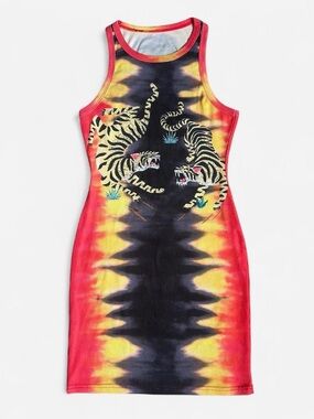 Tie-Dye Ribbed Mini Dress with Tiger Graphic